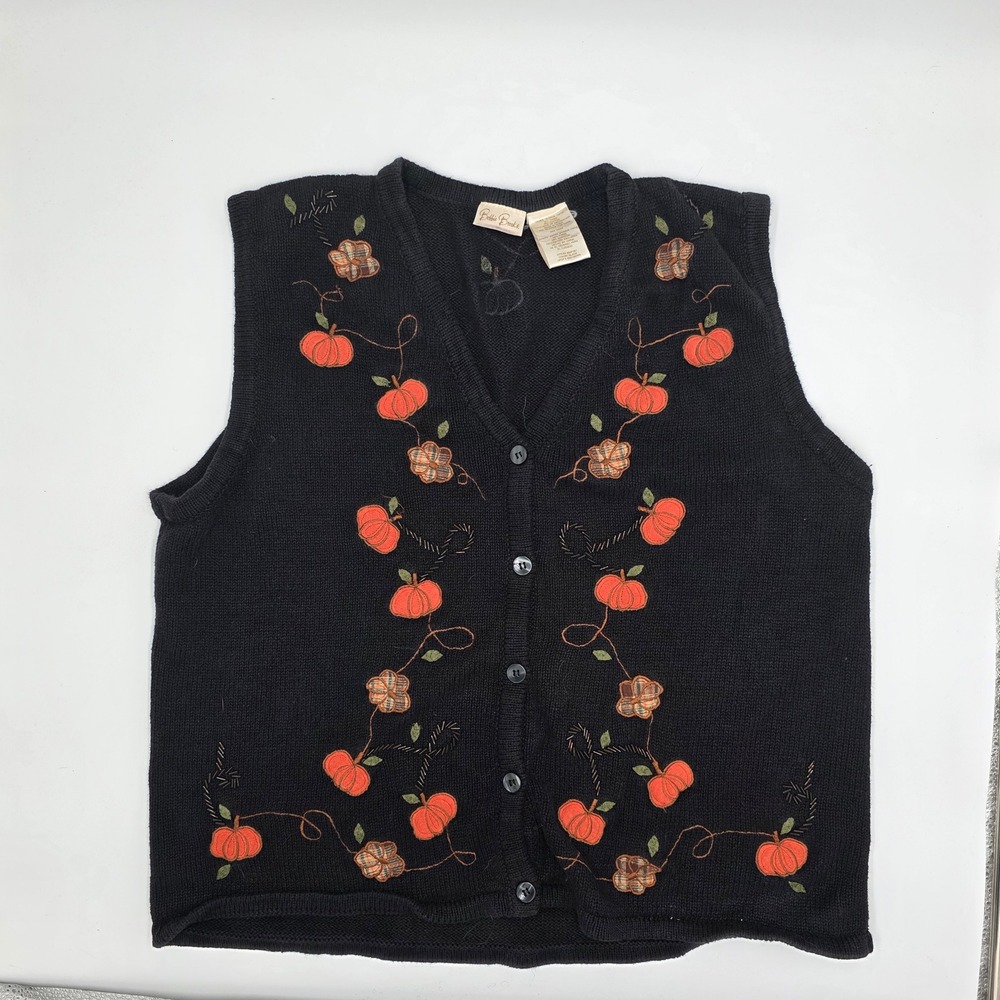Bobbie Brooks Womens XL Black Pumpkin Embroidered Beaded Sweater Vest BB2F261